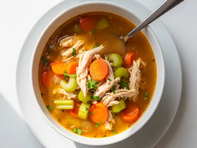 Broth-based chicken and vegetable soup, easy on the stomach during peak nausea days